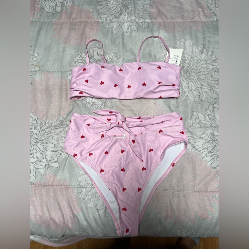 2 piece swimsuit pink with red hearts and knot style bottoms